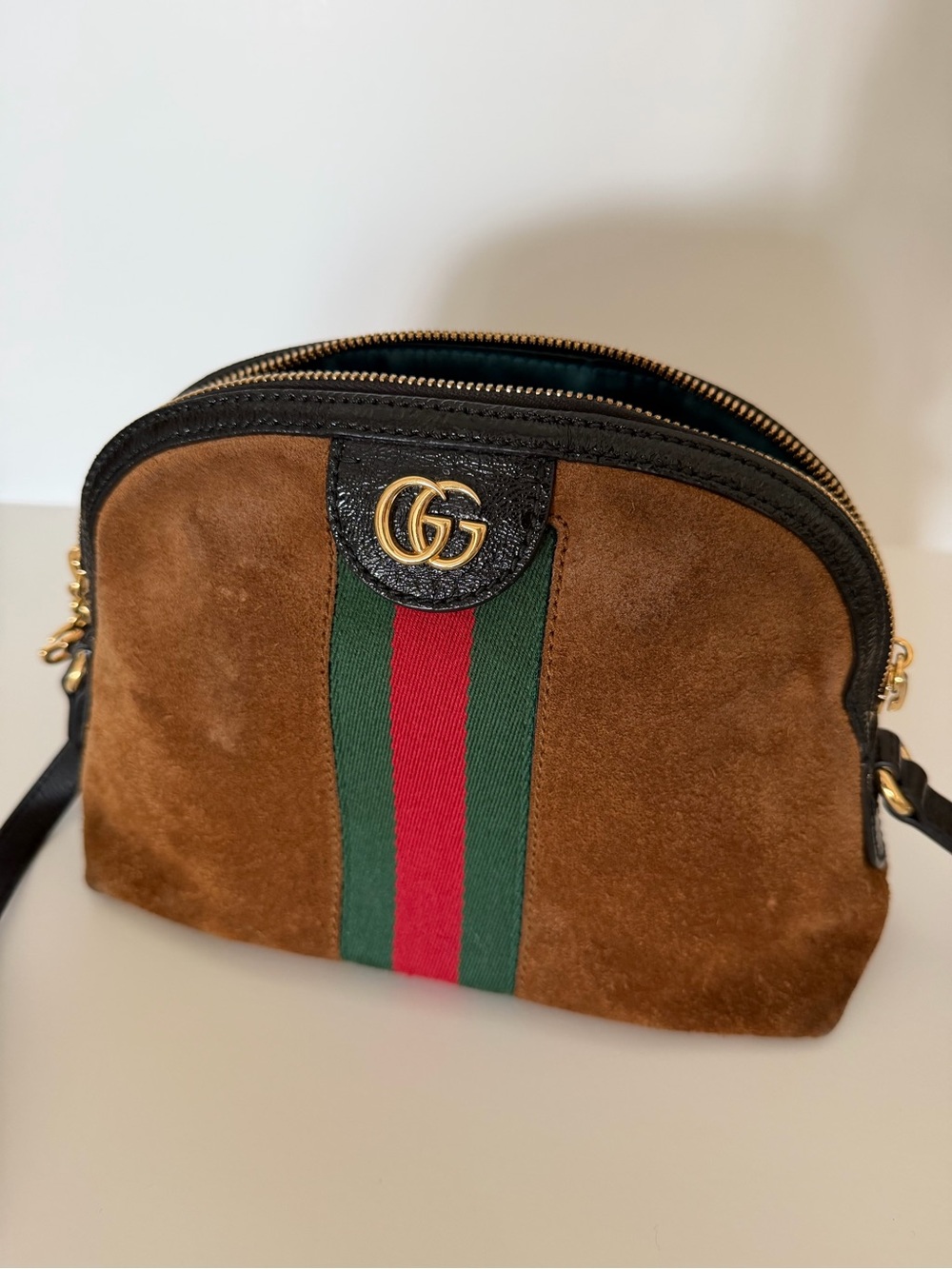 Gucci ophidia Brown Suede Shoulder Bag with Green and Red Stripe